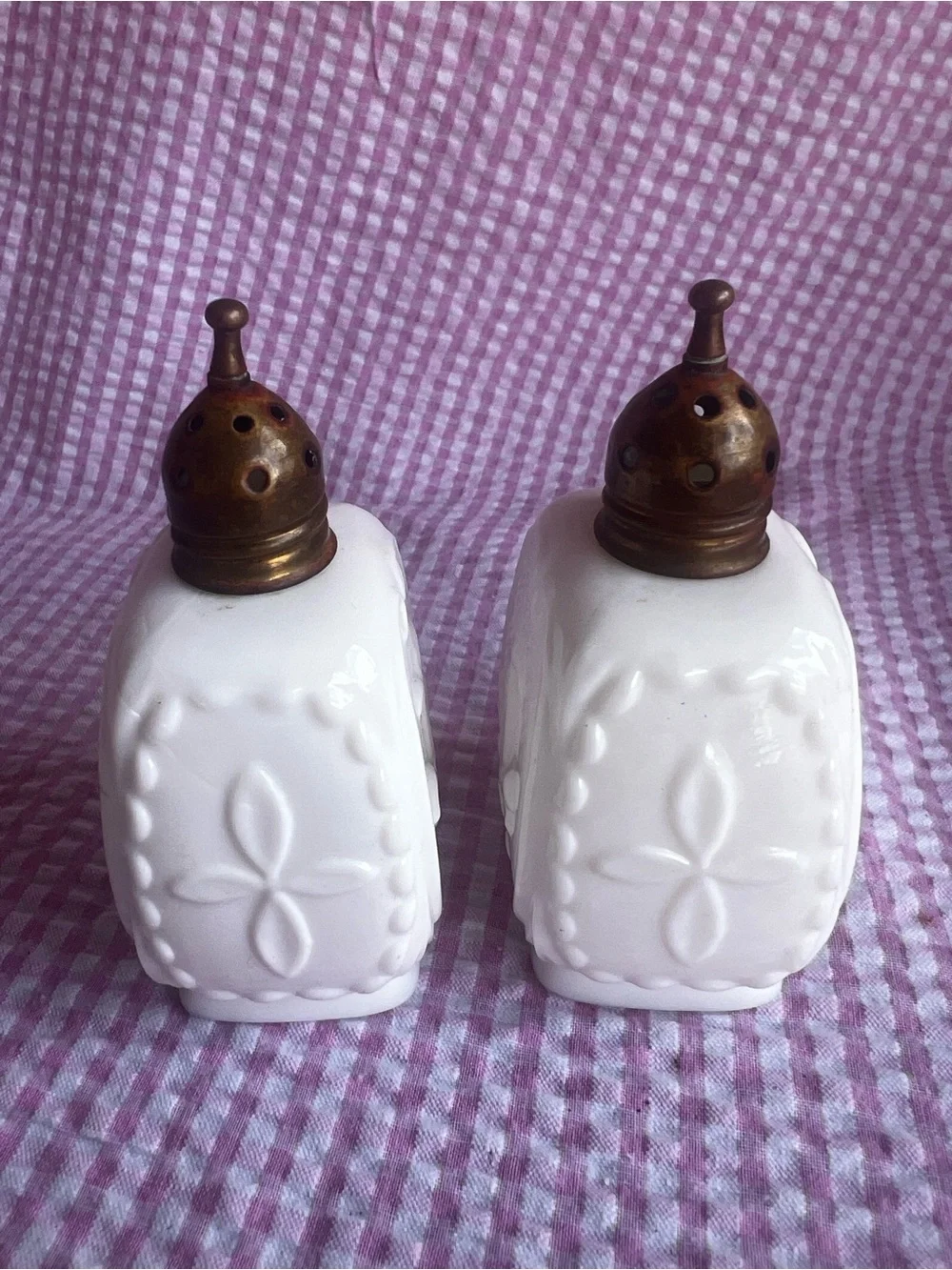 Milk Glass Salt and Pepper Shaker Set with Brass Tops